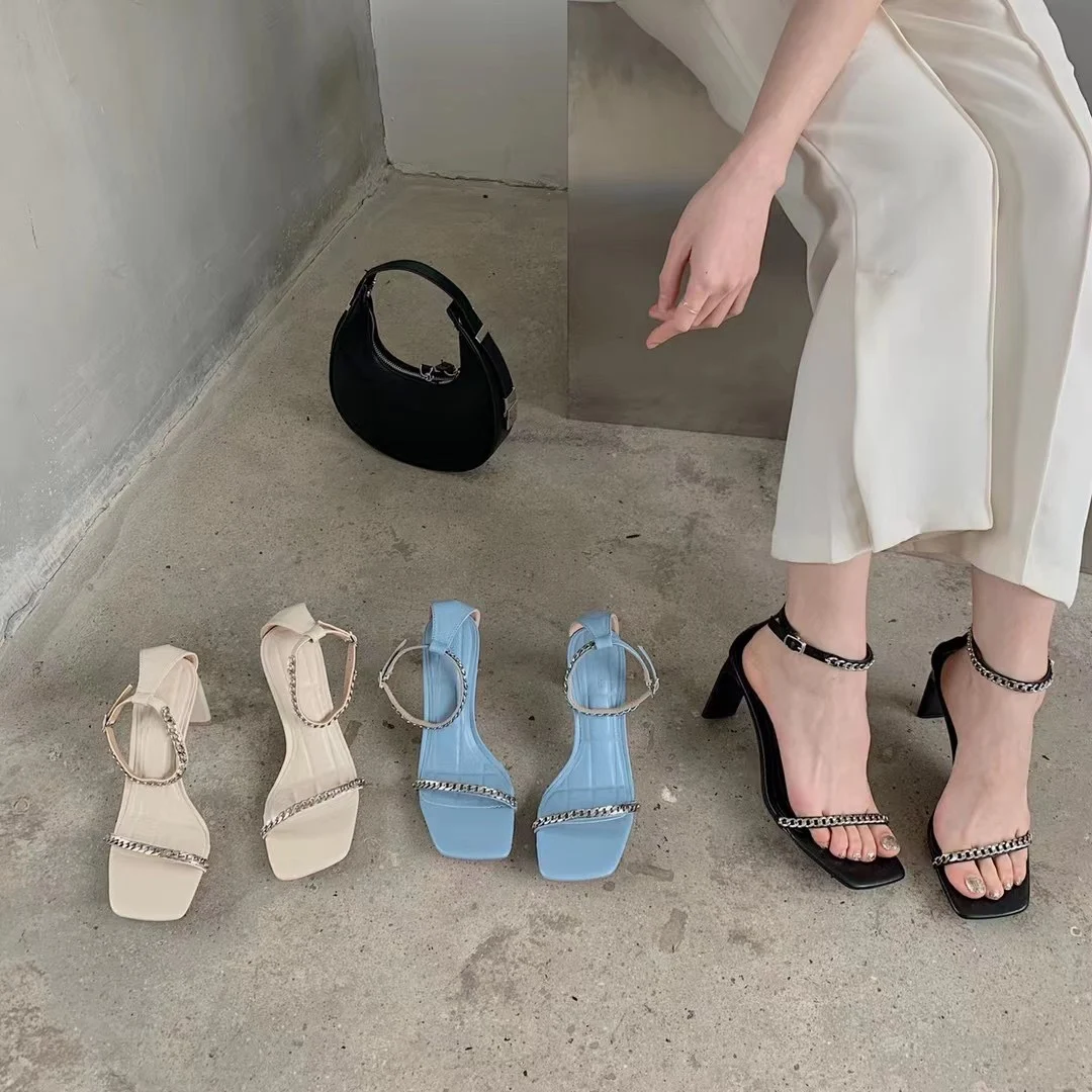 

Black Beige Blue Sandals For Women Open Toe Summer Dress Sandals Ankle Buckle Strap Thick High Heels Pumps Shoes Wedding 35-39