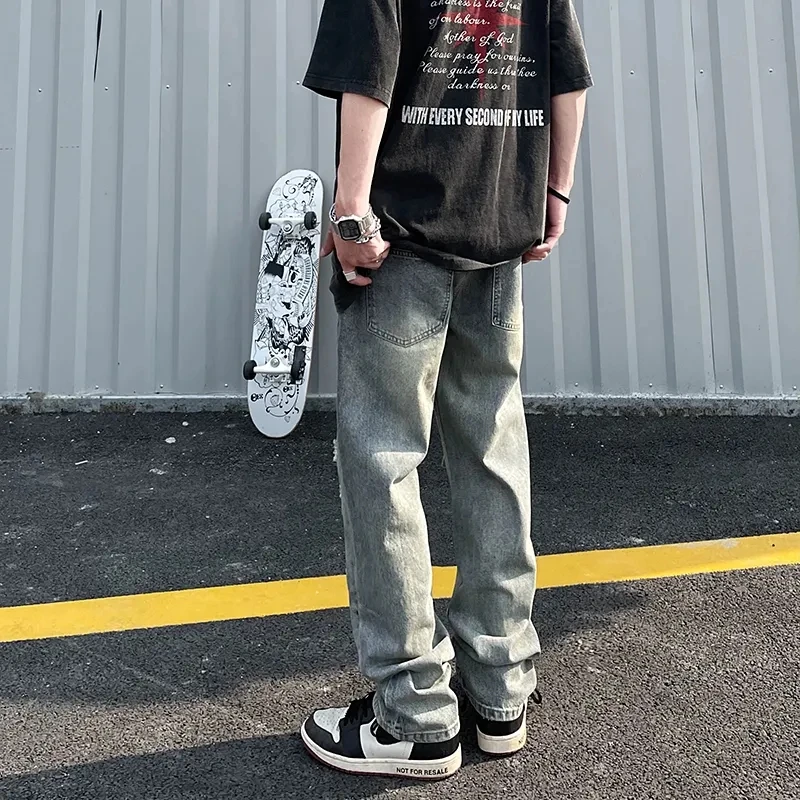 European American High Street Letters Embroidery Oversized Jeans On The Back Of Men'S Loose Straight-Leg Ripped Trousers Unisex