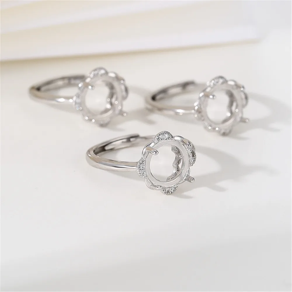 Ring Setting for 10x10mm Round Cabochons Ring Base White Gold Plated 925 Silver Zircon Adjustable Ring Blank RB179S