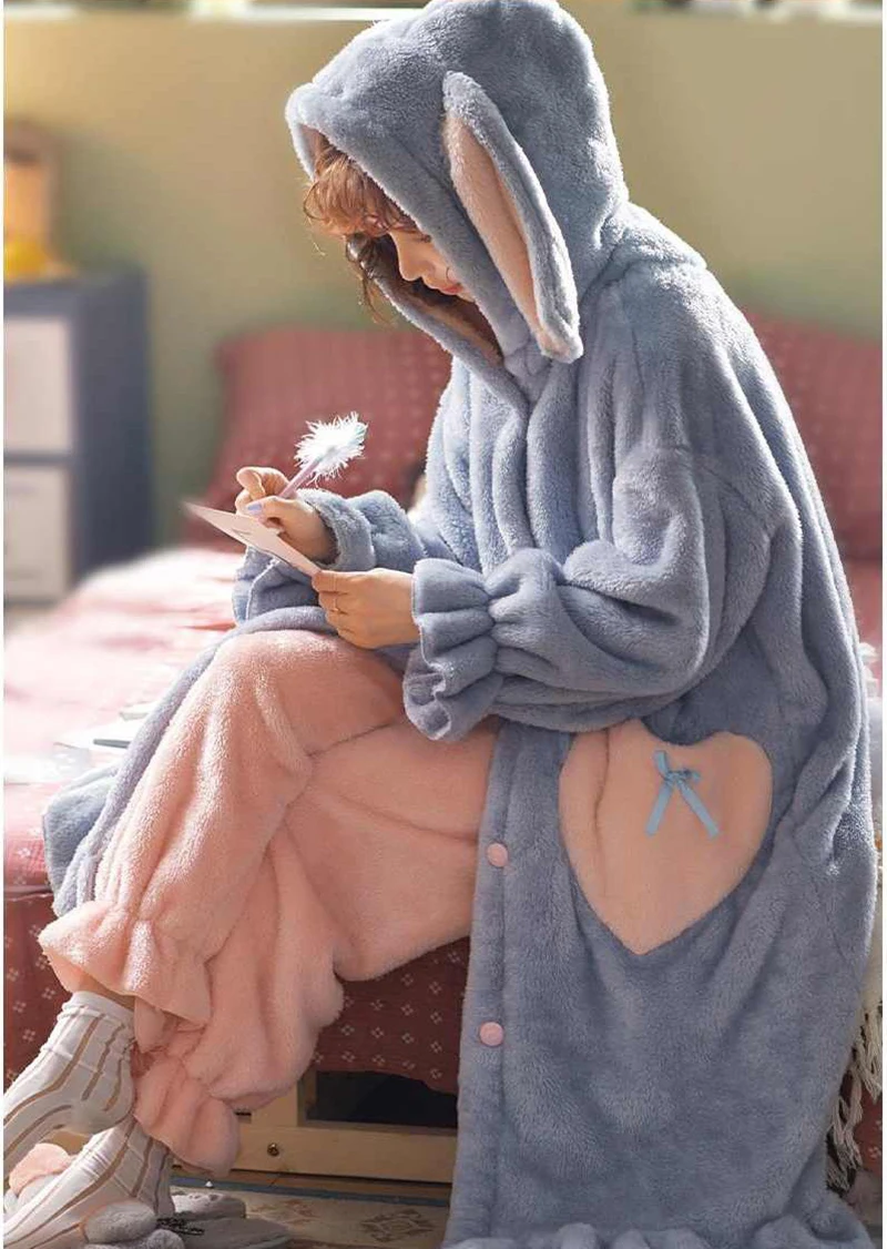 Girl's Winter Thin Nightgown Suit Length To Shank Polyester Warm Comfortable Blue Pink Long Ear Rabbit Sweet Leisure Wear