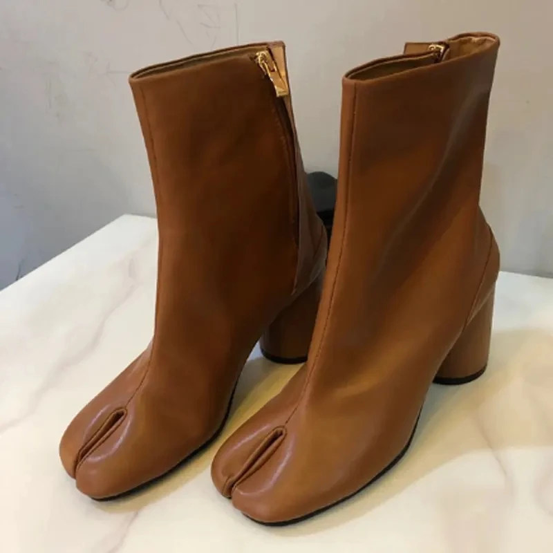 Women Strange Style Split Toe Ankle Boots Leather 8cm Block Heels Square Toe New Design Ladies Glitter Short Booties