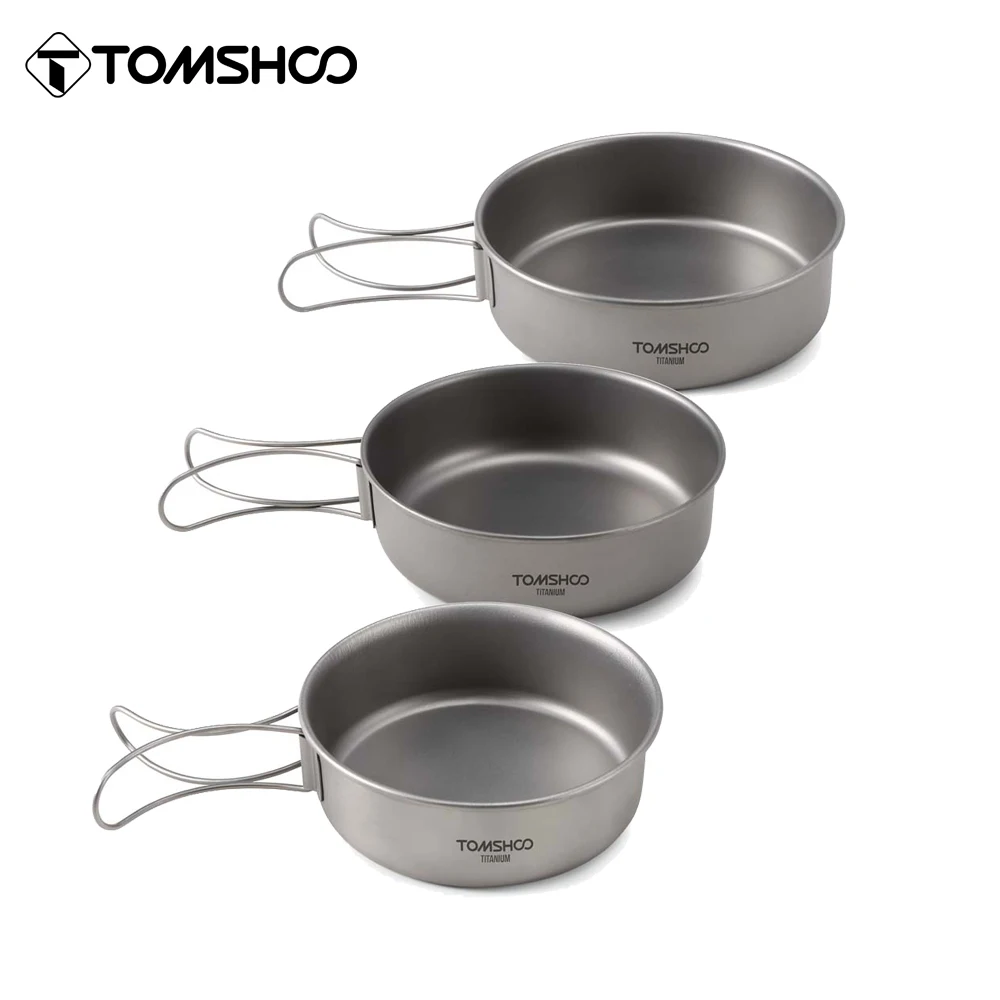 

Tomshoo 3pcs Titanium Bowls Set Ultralight Titanium Dinner Bowl Pan w Foldable Handle Cookware for Outdoor Camping Hiking Picnic