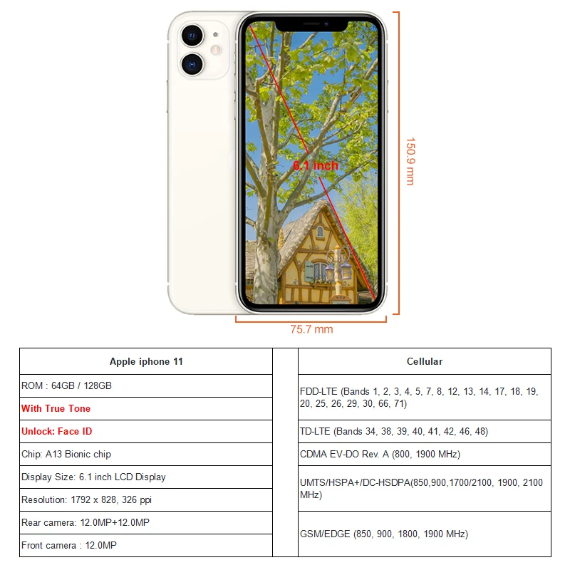 Разблокированный смартфон Apple iPhone 11 128 ГБ/64 ГБ iOS A13 с распознаванием лица камера 12