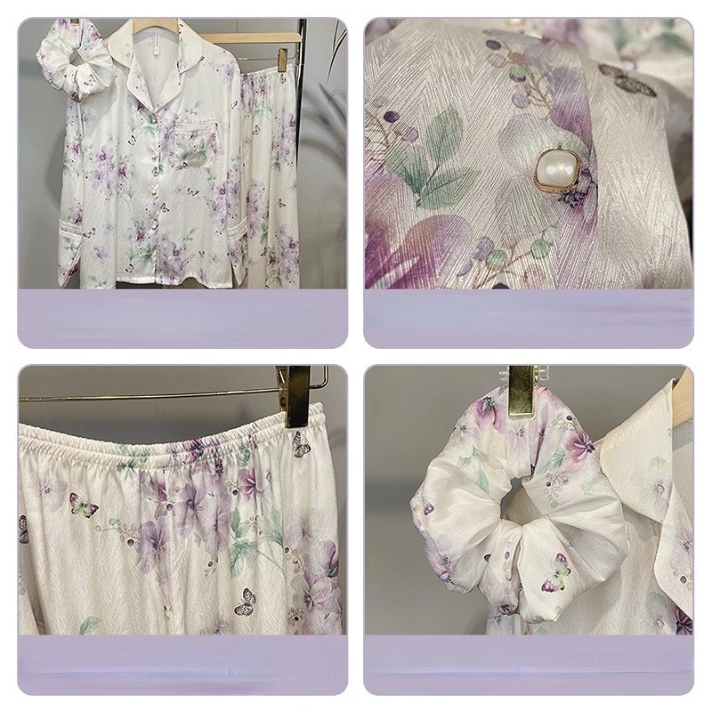 Women's 3 Piece Pajama Set Lapel Butterflies Flowers Pijama Ice Silk Pyjama Sleepwear Long Sleeve Shirt Pants Hair Band Homewear
