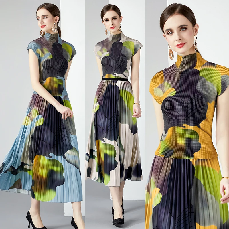 

New Summer 2pcs Sets Women Casual Party Vintage Floral Print O-Neck Vest Top Tees Shirt Blouse Midi Pleated Skirt Suits Outfits