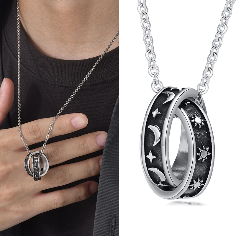 

Punk Double Interlocked Round Pendant Necklace Stainless Steel For Men Male Boy With Sun Moon Star Fashion Trend Jewelry Gift