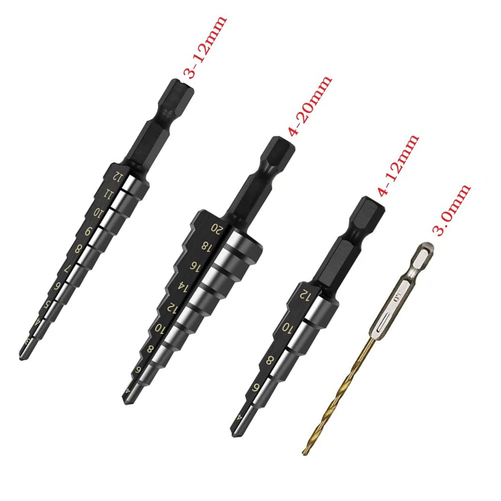 

4PCS Drill Bits Nitrogen Coated Straight Groove Step 3 Sided Shanks 3-12mm 4-12mm 4-20mm Hole Cutter Power Tools Accessories