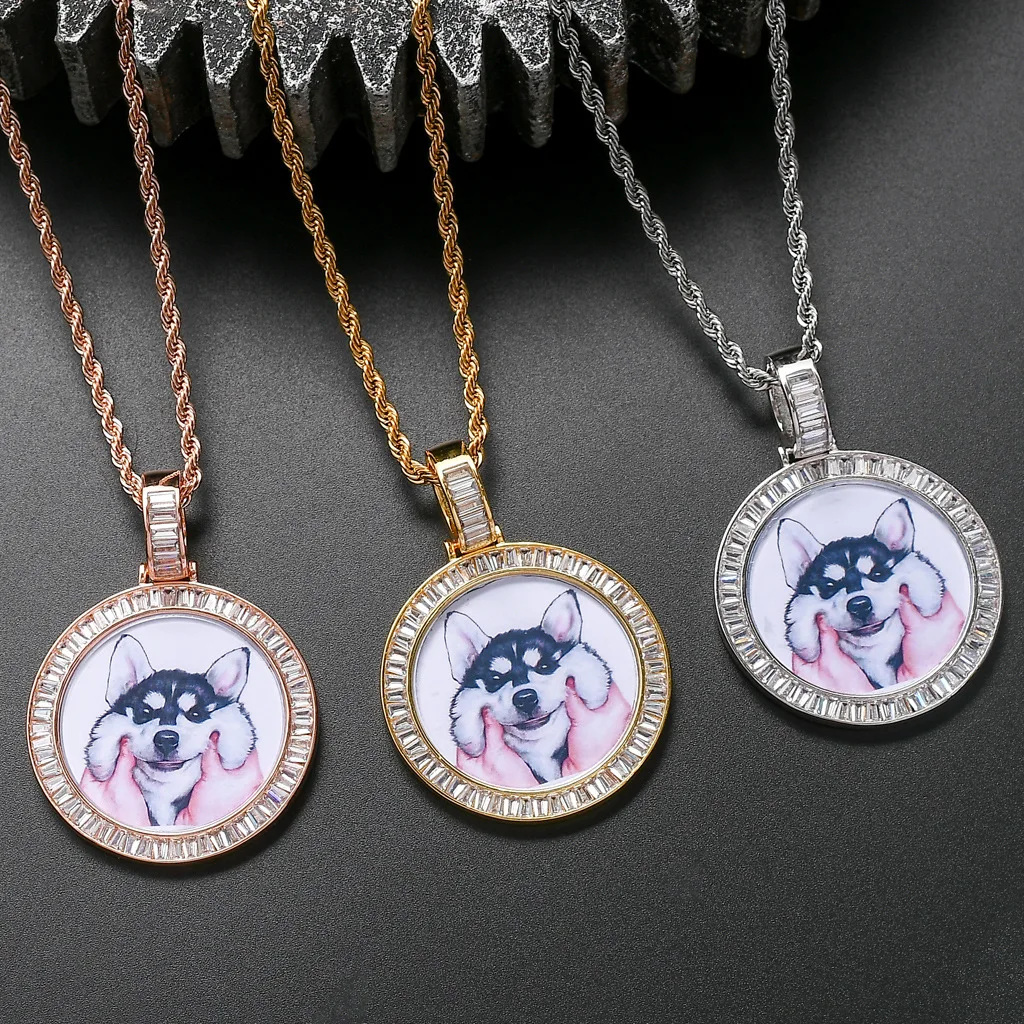 

Custom Hip Hop Round Photo Pendant Copper Necklace Fashion Award Charms Chain Cubic Zircon Mens Jewelry Memory Pictures Gifts