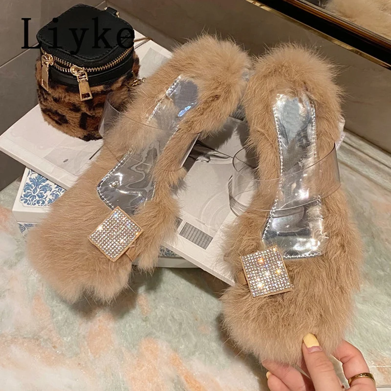 

Шлепанцы Liyke женские на прозрачном каблуке, летние сандалии с перьями, открытый носок, без застежки, пикантные прозрачные тапочки, сланцы