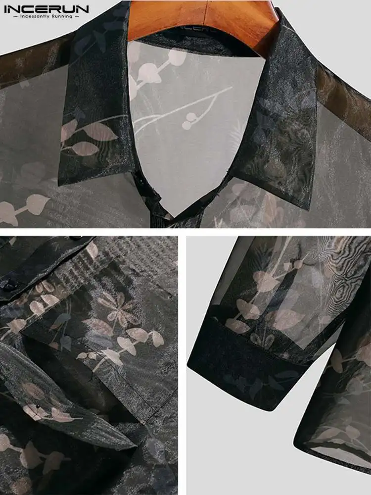 Handsome Well Fitting New Men See-through Mesh Printing Blouse Fashionable Male Long-sleeved Thin Shirts S-5XL INCERUN Tops 2022