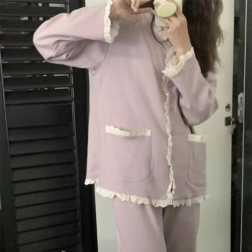 Пижамные комплекты женские фиолетовые с милыми оборками свободная удобная