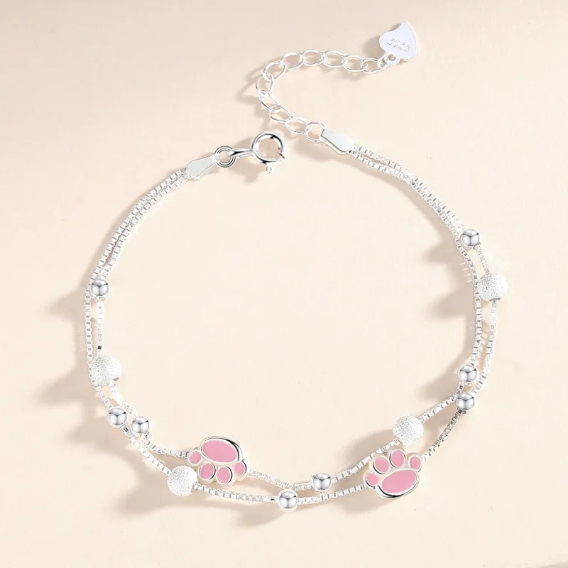 

S925 Sterling Silver Pink Cat Claw Women's Bracelet Double-layer Box Chain Girl Heart Round Bead Hand Decoration Gift