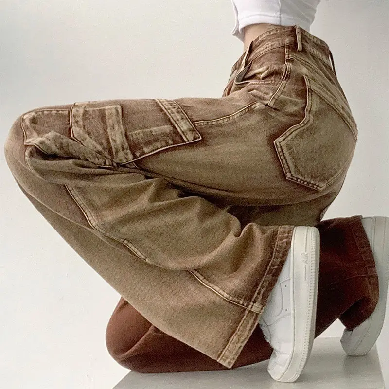 womens loose High waist brown tooling jeans 2021 winter fashion Y2K straight leg denim trousers retro loose high waist  jeans