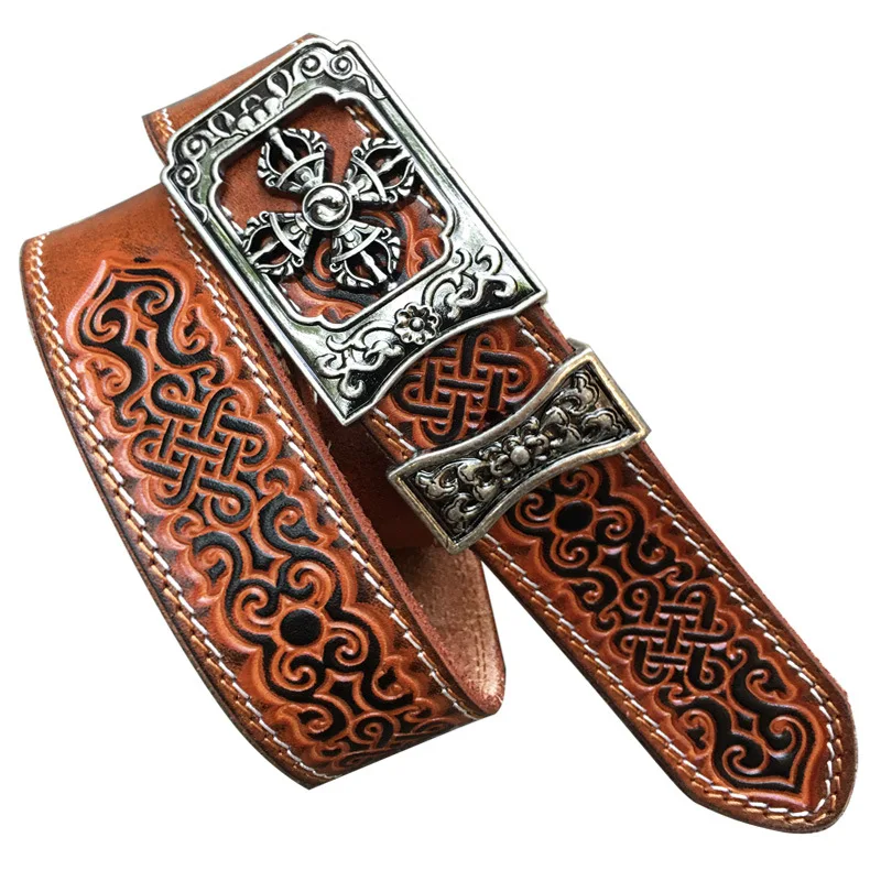 (Ta-weo) Mongolian Style First Layer Cowhide Unisex men's and women's belt Vajra pattern buckle head Ethnic Style belt