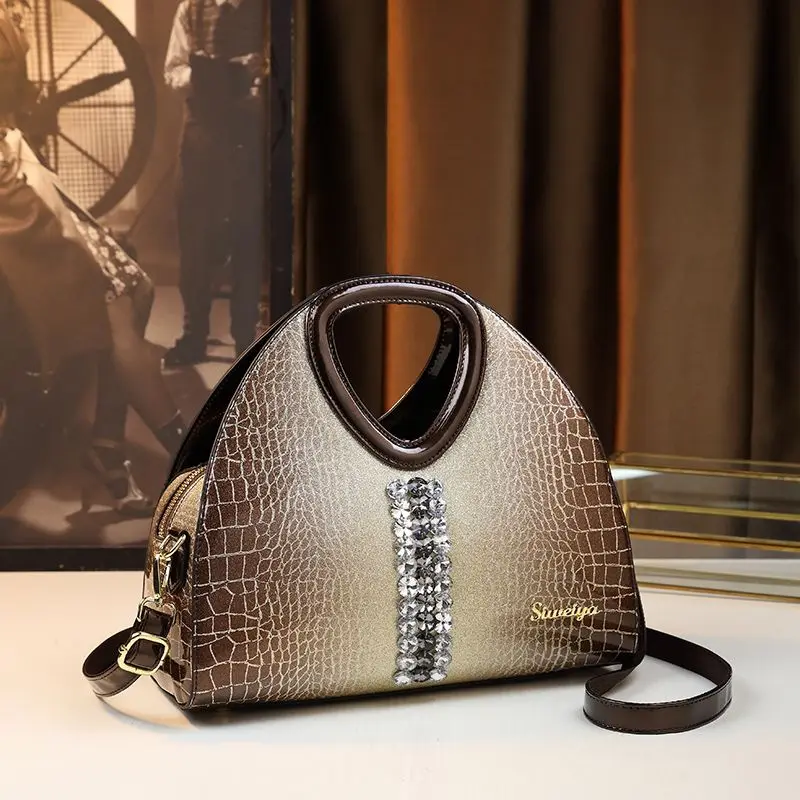 

High End Luxury Brand Women's Handbag With Personalized Crocodile Pattern Embossed Diamond Inlay Large Capacity Leather Handbag