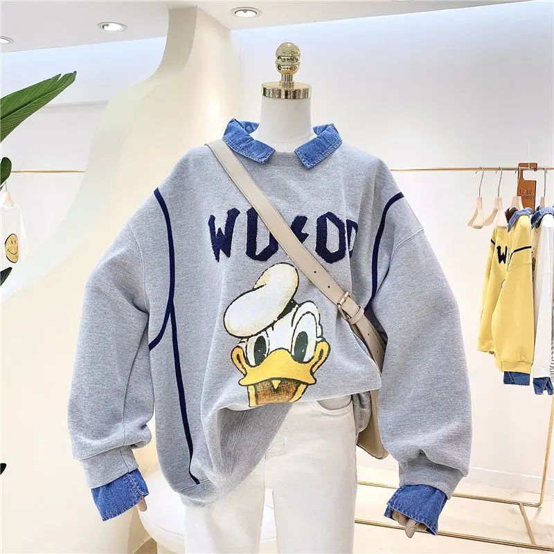 Disney Sweater Women's 2022 New Spring and Autumn New Thin POLO Collar Stitching Can't Ball Donald Duck Print Top