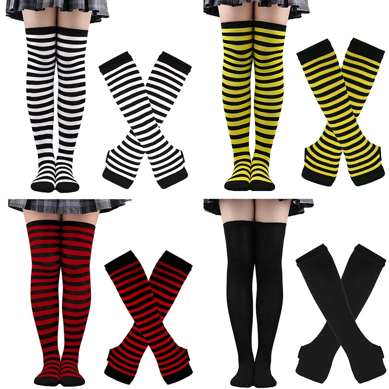 

1Set Women Girls Over Knee Long Stripe Printed Thigh High Cotton Socks Arm Sleeve Gloves Sweet Cute Plus Size Overknee Socks