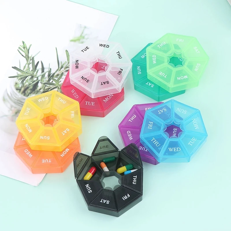 

Round 7 Days Medicine Pill Box Portable Travel Vitamin Storage Box Cosmetic Case 7 Grid Plastic Organizer