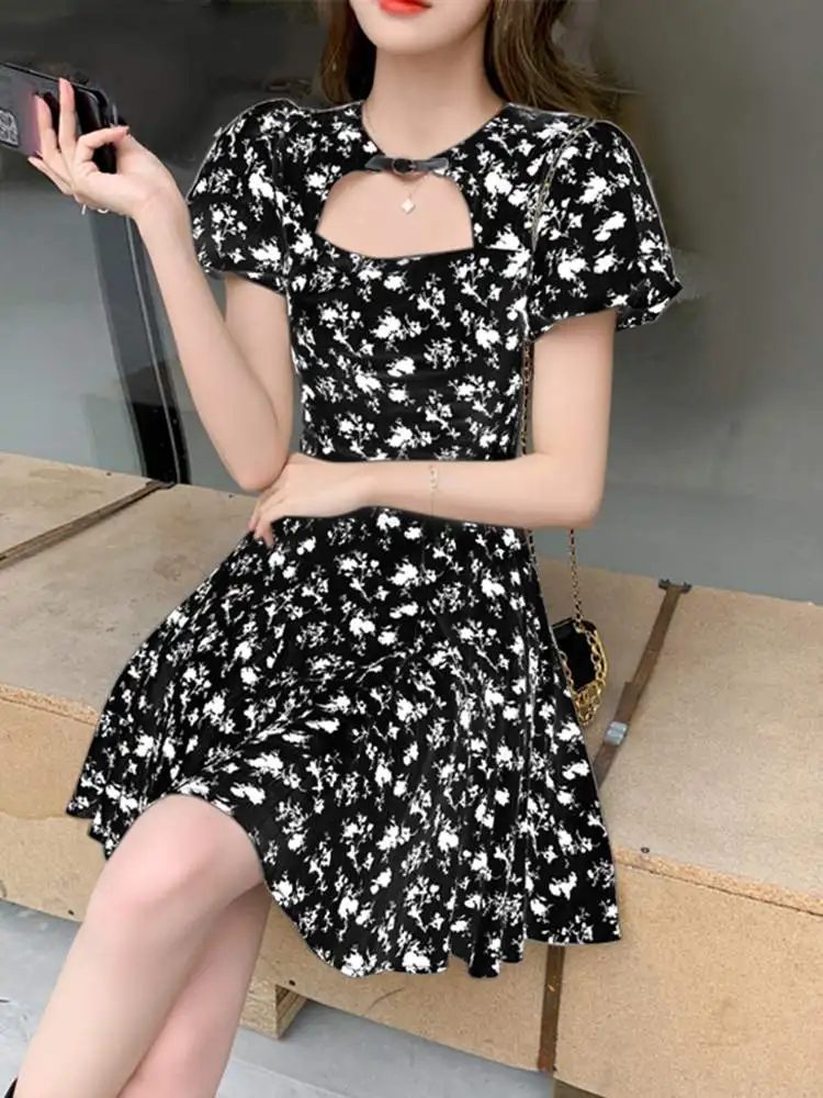 

VONDA Sexy Dress Women Short Sleeve Hollow Out Beach Vestidos 2023 Summer Ruffled Floral Printed Bohemian Mini Sundress Y2K