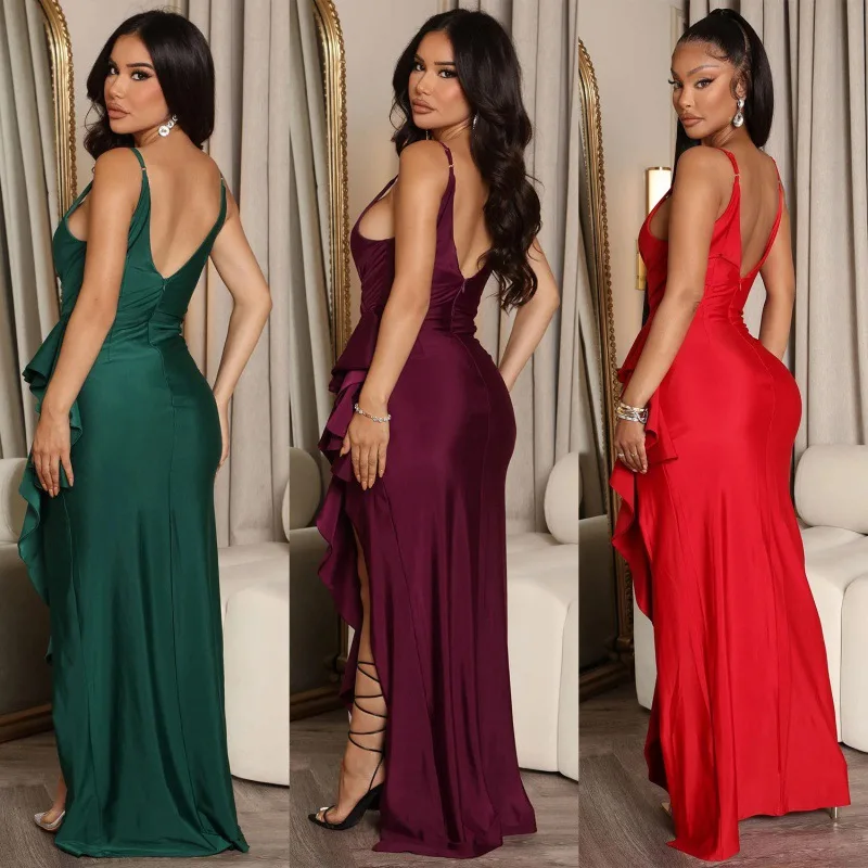 Women Fashion Prom Evening Dress Sexy Spaghetti Deep V-neck Backless Party Gown Cascading Ruffles Pleated Long Dresses