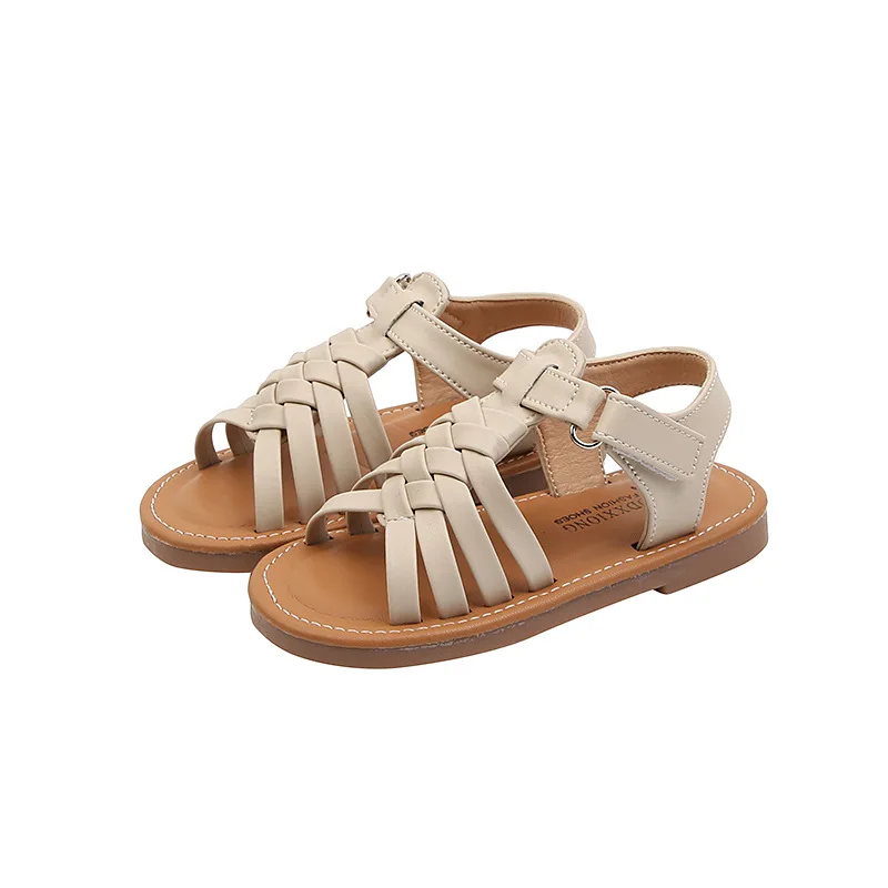 

Kids Girls Fashion Weave Sandals Children Cute Open-toe Korean Style Soft Beach Shoes Solid Black for Boys Flat Shoes