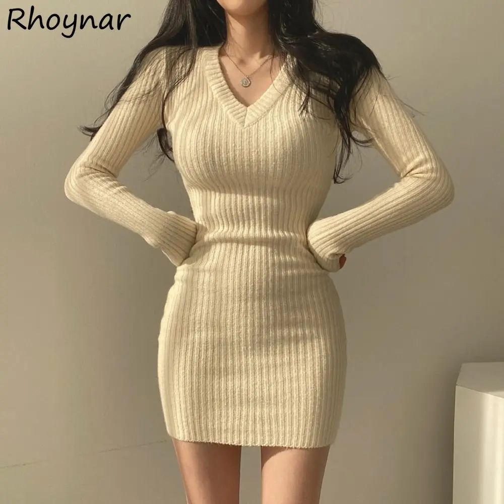 

Hotsweet Knitting Dress Women Sexy V-neck Sheath Stretchy Young Ladies Simple All-match Fashion College Korean Style Mini Cozy