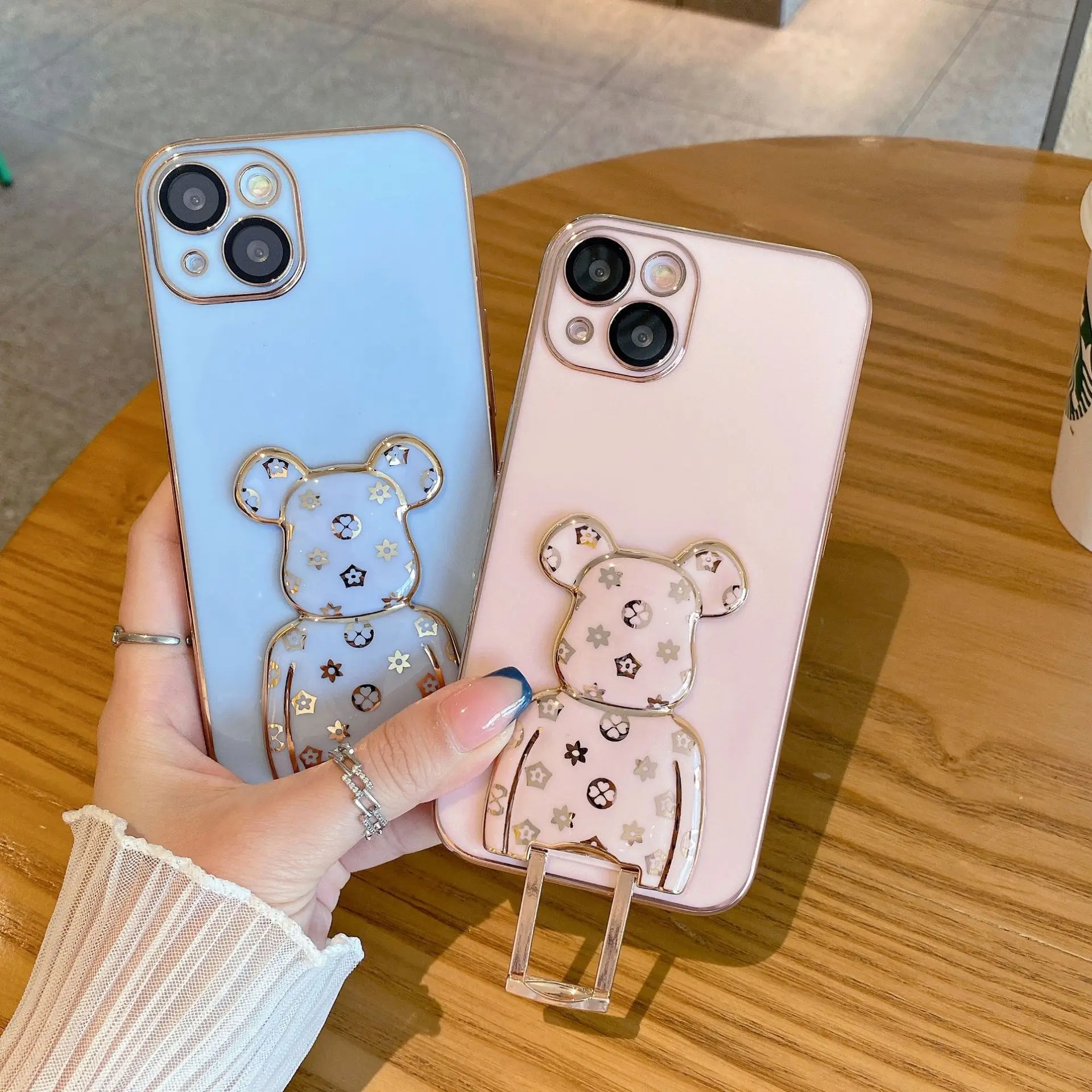 6D Cartoon Flowers Bear Tie Rod Bracket Stand Silicone Phone Case for iphone 14 13 12 Pro 13 12 MiNi XR X XS 7 8 plus SE Cover