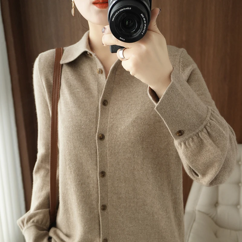 Early Autumn New 100% Pure Wool Knitted Cardigan Women's Loose Shirt Collar Sweater Cashmere Knitted Coat