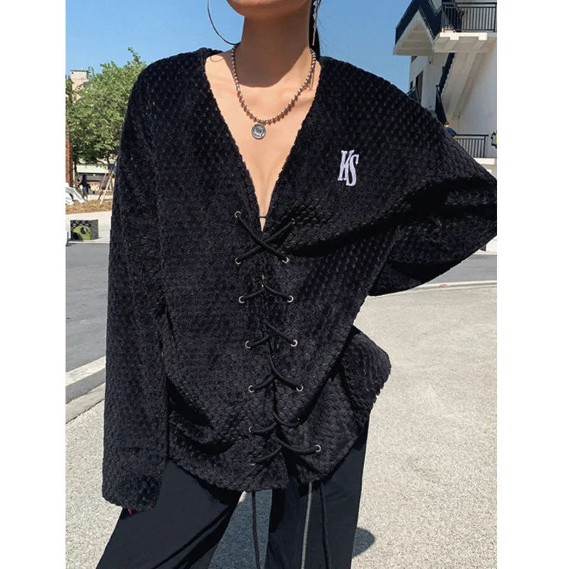 

Fashion V-neck Long-sleeved Loose Lace Up Black Cardigan Coats Women 2022 Autumn Winter New Slim All-match High Street Coat