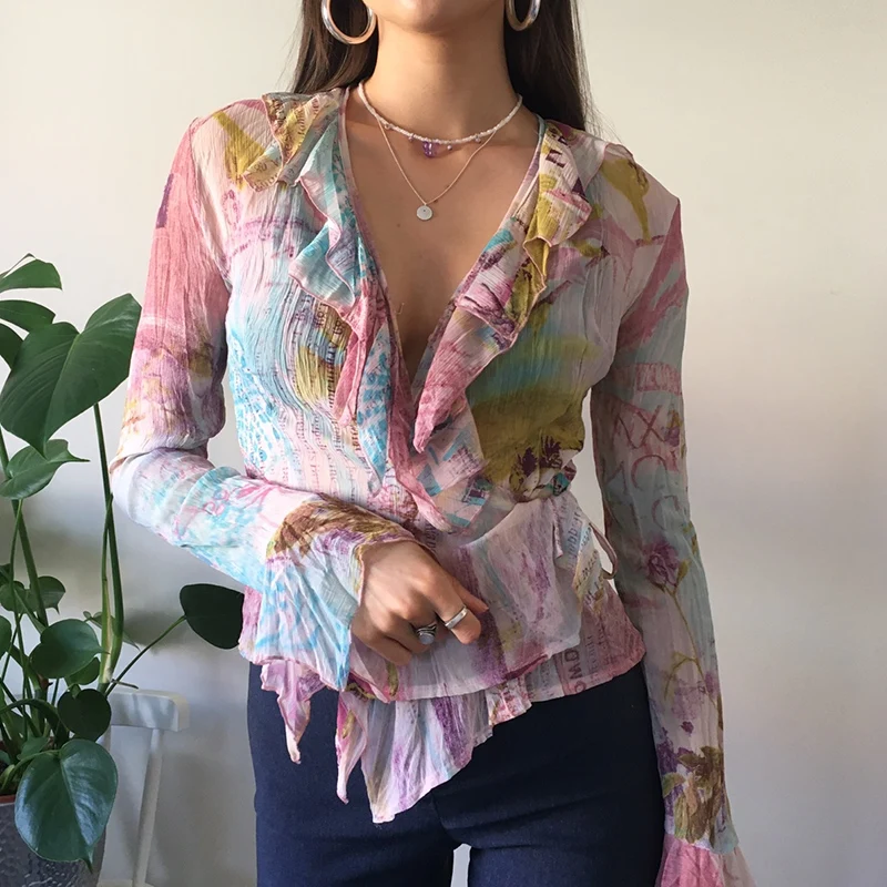 

Color Ruffled V-neck Print T-shirt Women's Harajuku Mesh Street Ladies T-shirt Street Fashion Retro Pullover Fall Graphic Tee