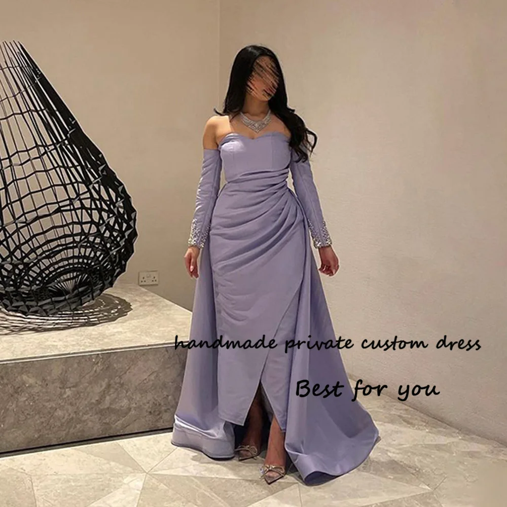 

Lavender Satin Mermaid Evening Dresses with Slit Beads 3/4 Sleeve Sweetheart Prom Party Dress Long Dubai Arabia Formal Gown