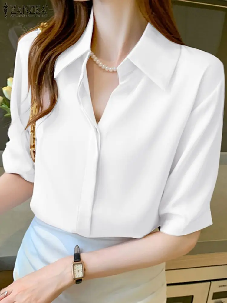 

Causal Lapel Satin Shirt ZANZEA Summer Fashion Solid Blouse Women Half Sleeve Buttons Down Blusas Female Chemise Tunic Tops 2023