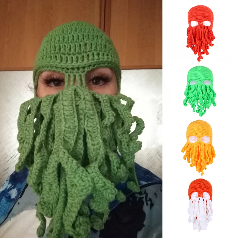 

Novelty Funny Tentacle Octopus Hat Handmade Crochet Cthulhu Beard Beanie Knit Wind Mask Cap Halloween Animal Gift
