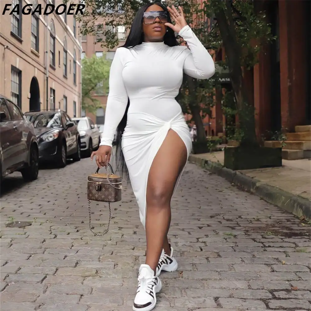 

FAGADOER Casual Fall Women Bodycon Side Slit Dresses Female Solid Color Round Neck Long Sleeve Dress Vestidos Fashion Streetwear