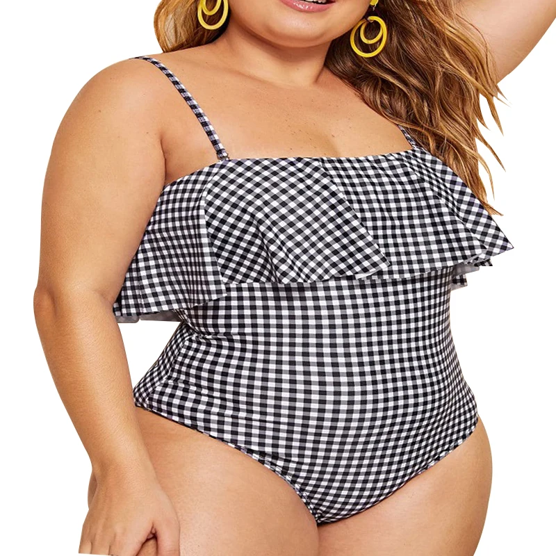 

Plaid Plus Size Off Shoulder Women's One Piece Swimsuit 2022 New Hot Sale Large Size Ruffle Hem Monokini Fat Swimwear Bodysuit