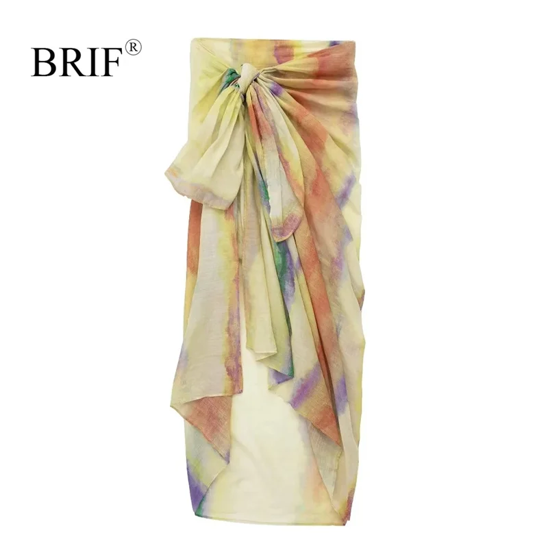 

BRIF Women Fashion Tie-dyed Midi Skirt with Knot Straight Casual Skirts High Waist Streetwear Beach Style