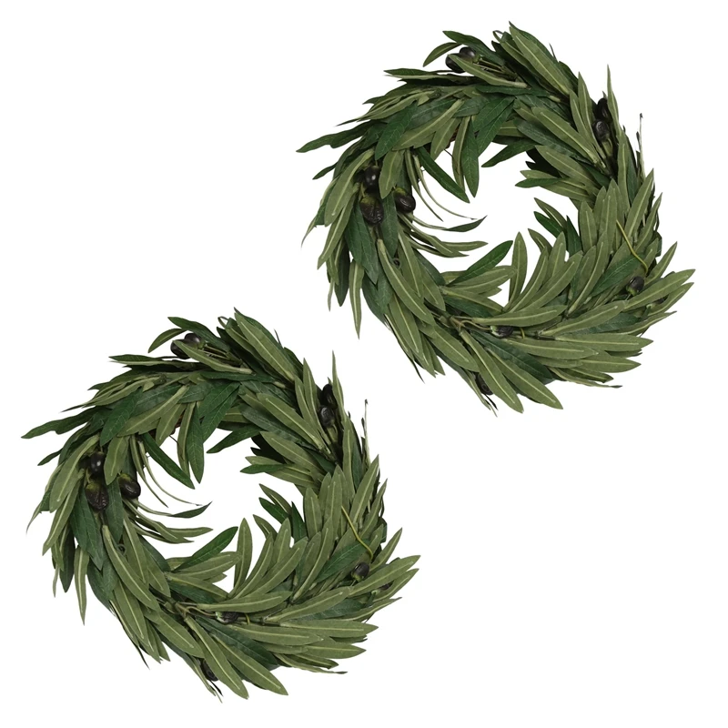 

2X Olive Branch Greenery Wreath, 17 Inches Small Green Leaves Wreath For Front Door Or Indoor, Door Wreaths For Seasons