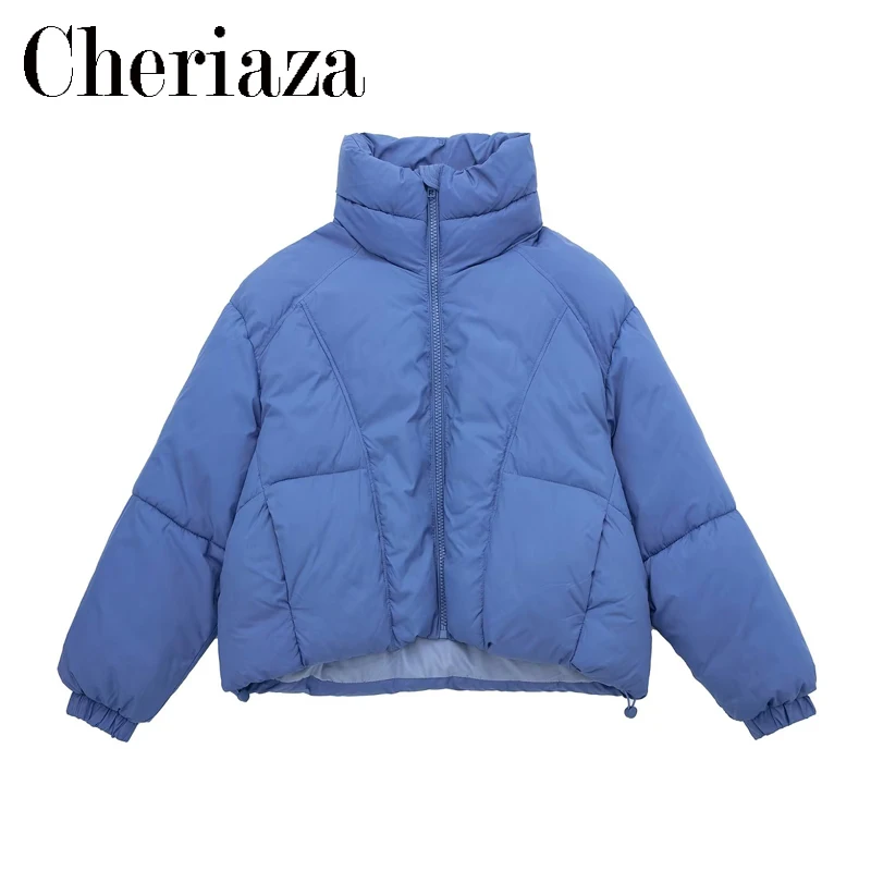 

Cheriaza Winter Women Blue Stand-up Collar Bread Clothes Casual Loose Long Sleeve Zipper Jacket Short Jackets Female Solid Color