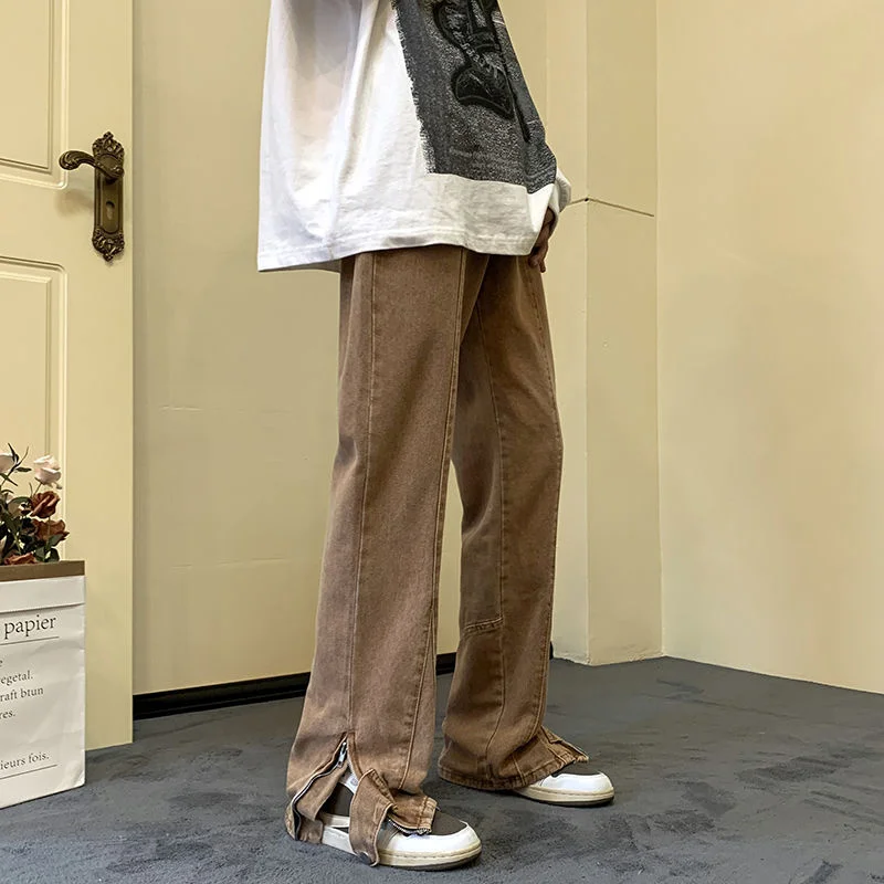 Brown Baggy Jeans Men Fashion Casual Loose Straight Jeans Men Japanese Streetwear Hip Hop Zipper Denim Pants Mens Trousers S-3XL