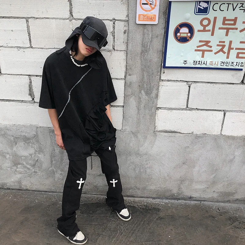 Streetwear Vintage Jeans Men's Jeans Summer Fashion Loose Cross Jeans Men's Mid-Waist Denim Bell-Bottom Pants Trousers