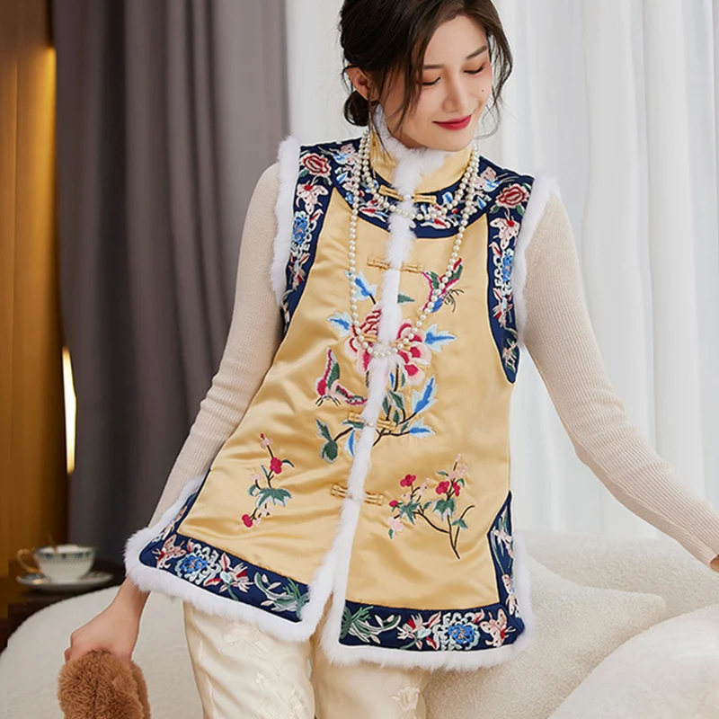

Autumn And Winter Wear Stand Collar Splicing Rabbit Hair Chinese Style Single Breasted Embroidery Lady Cotton Vest S-XXL