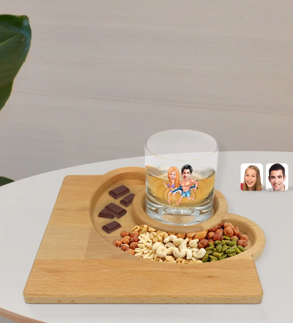 

Personalized Valentine Karikatürlü Whisky Cup and Natural Solid Wood Half Month Presentation Tabağı Confectionary Gift Seti-8