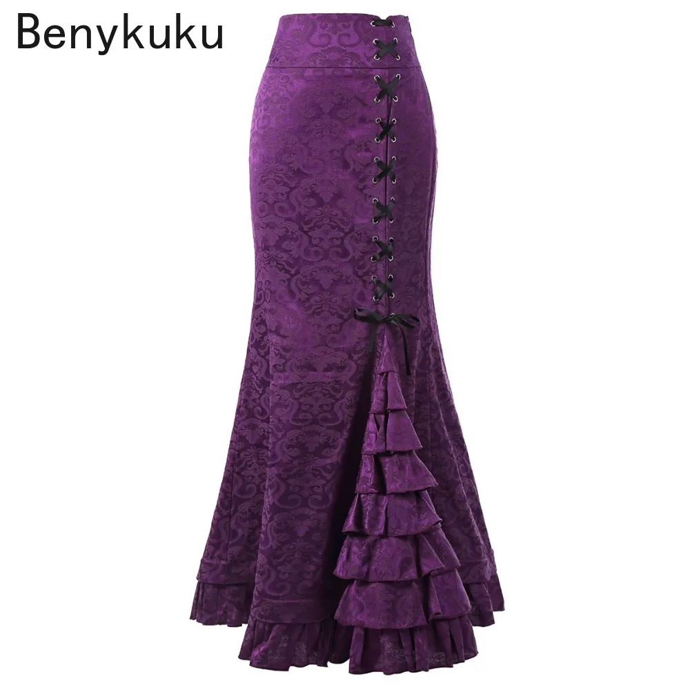 

Women Fashion Punk Style Retro Jacquard Mermaid Skirt Halloween Gothic Victorian Steampunk Long Bodycon Ruffle Fishtail Tiered