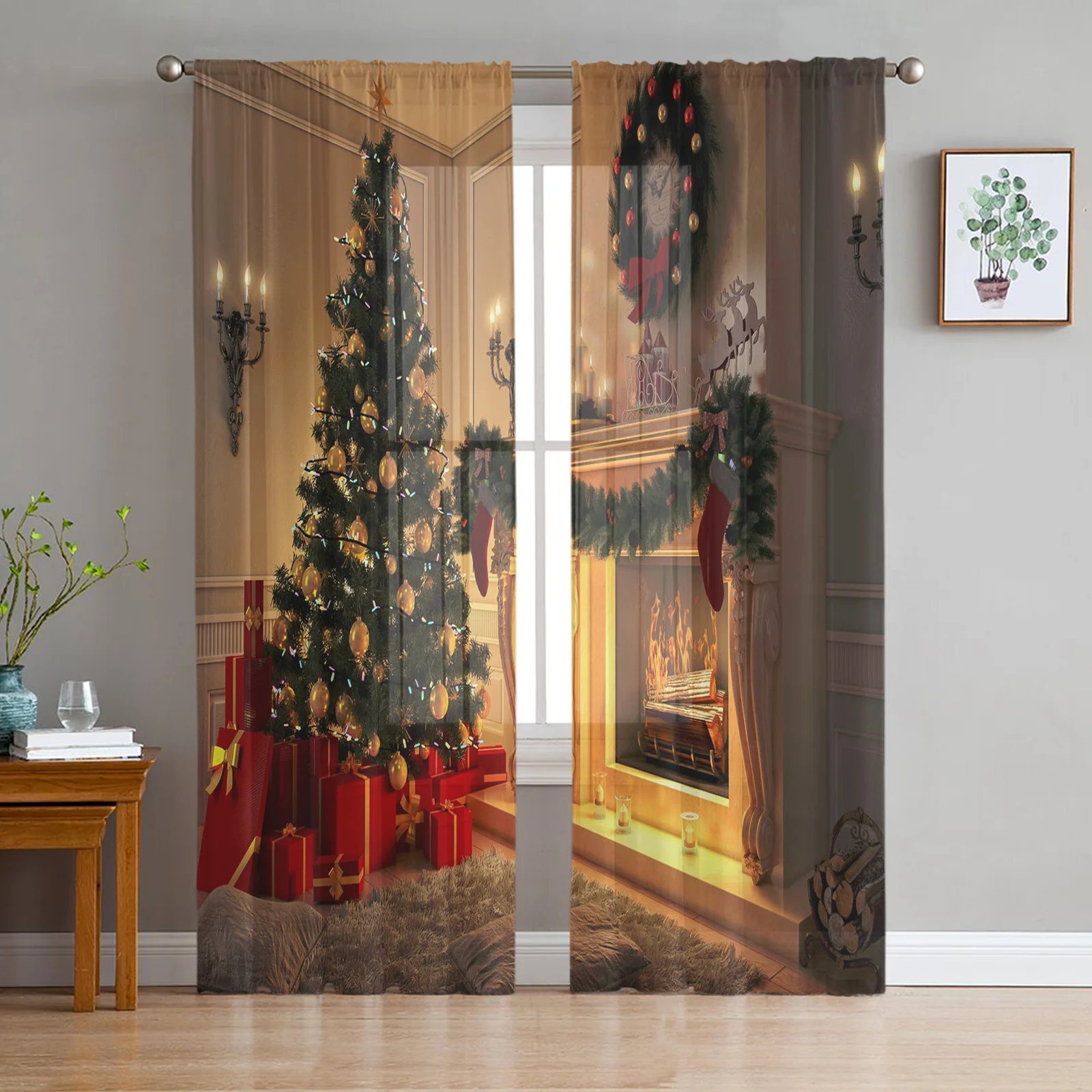 

Christmas Tree Wreath Gifts Fireplace Tulle Sheer Curtains for Living Room Decoration Bedroom Kitchen Voile Window Curtain