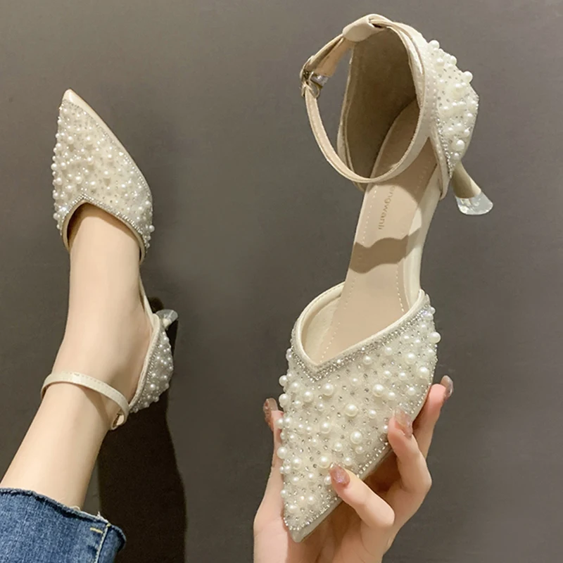 

Lucyever Elegant Ankle Strap Pearls Pumps Women 2022 Pointed Toe Party Wedding Shoes Woman Crystal High Heels Sandals Ladies