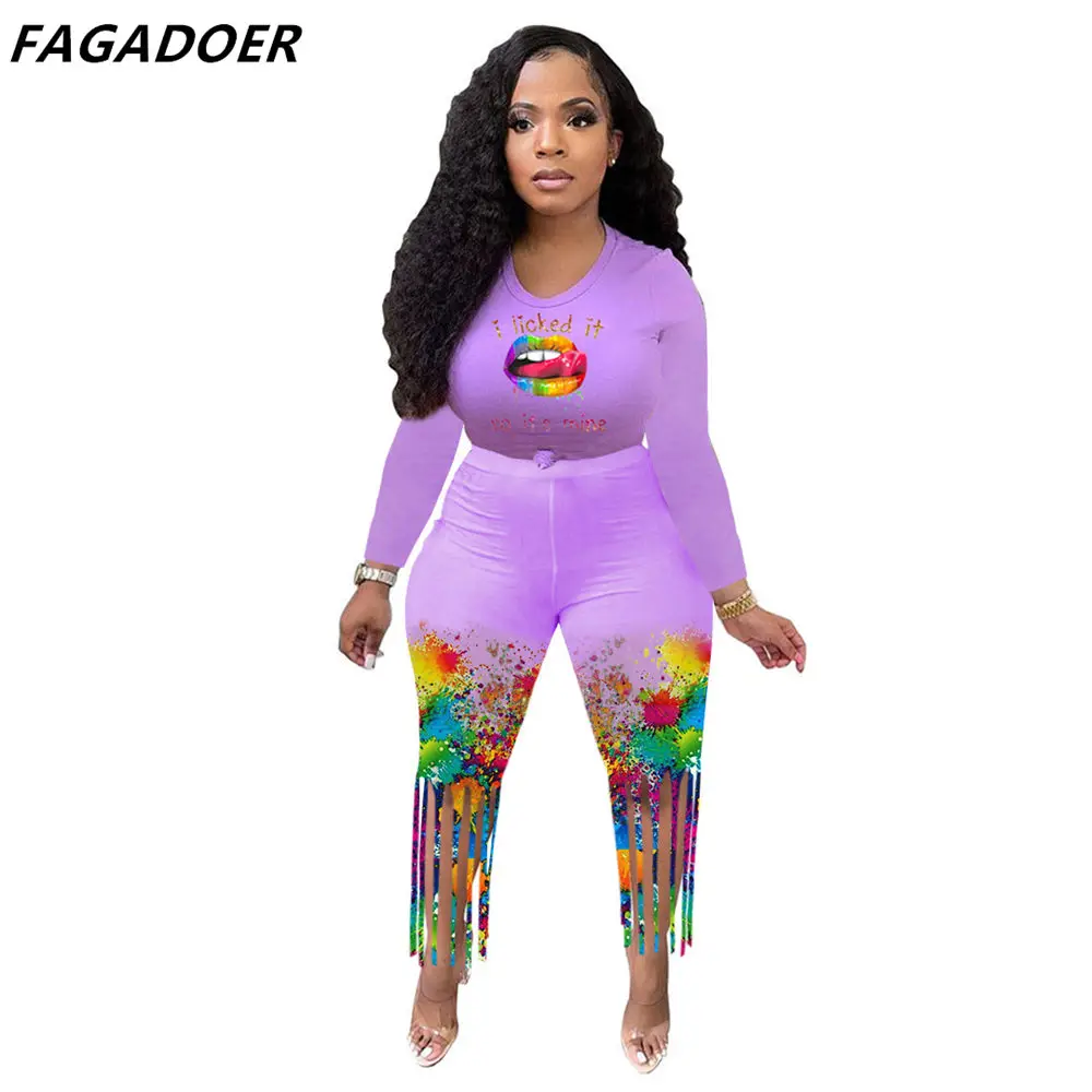 Fagadoer Tie Dye Casual Two Piece Set Plus Size Shorts Set Women Long Sleeve Crop Top Tassel Shorts Sport Traeksuits Outfits