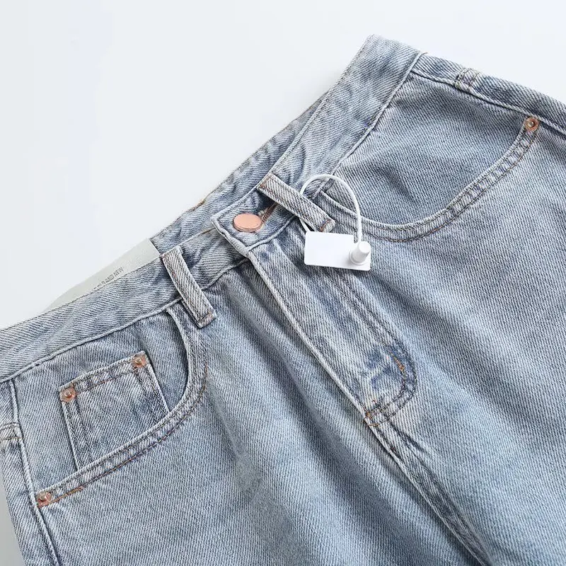 Jenny&Dave Fashion High Wasit Mom Street Burrs Straight Loose jeans England Style Retro Washed Light Blue High Jeans Women