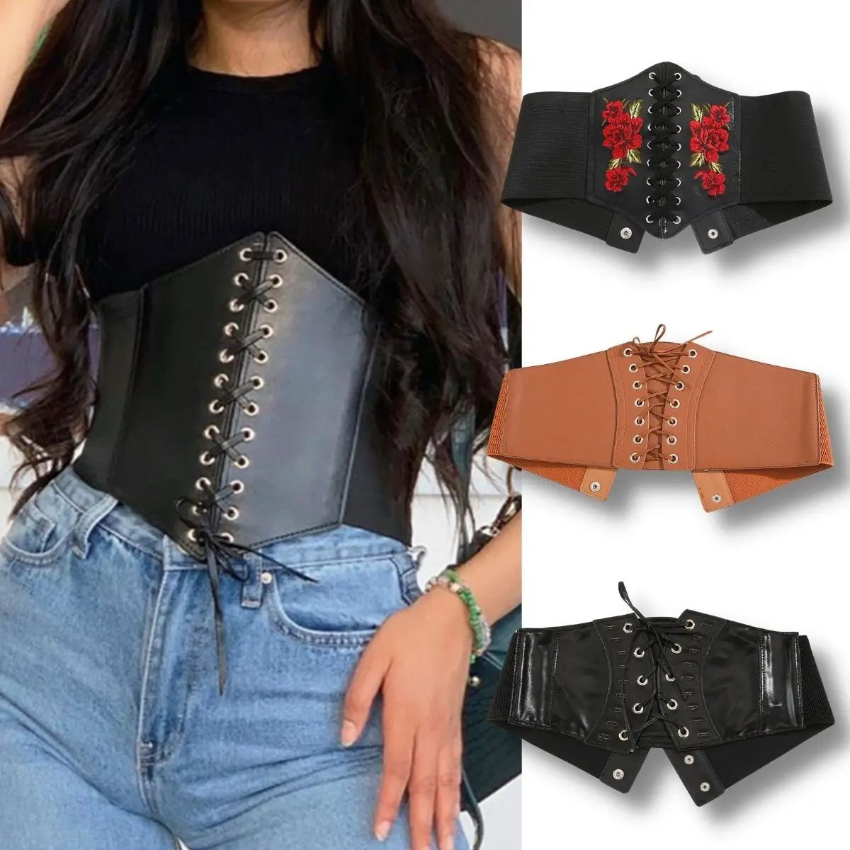 Fashion Corset Black Wide Belts for Women PU Leather Slimming Body Shaper Belt Ladies Underbust Elastic Corset Belt Dress Girdle