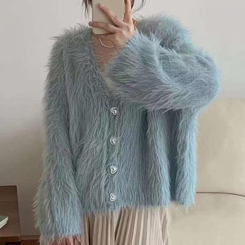 

Fluffy Knitting Cardigan Woman Korean Fashion Deep V Neck Heart Button Long Sleeve Sweater for Women Sweet Top Dropshipping
