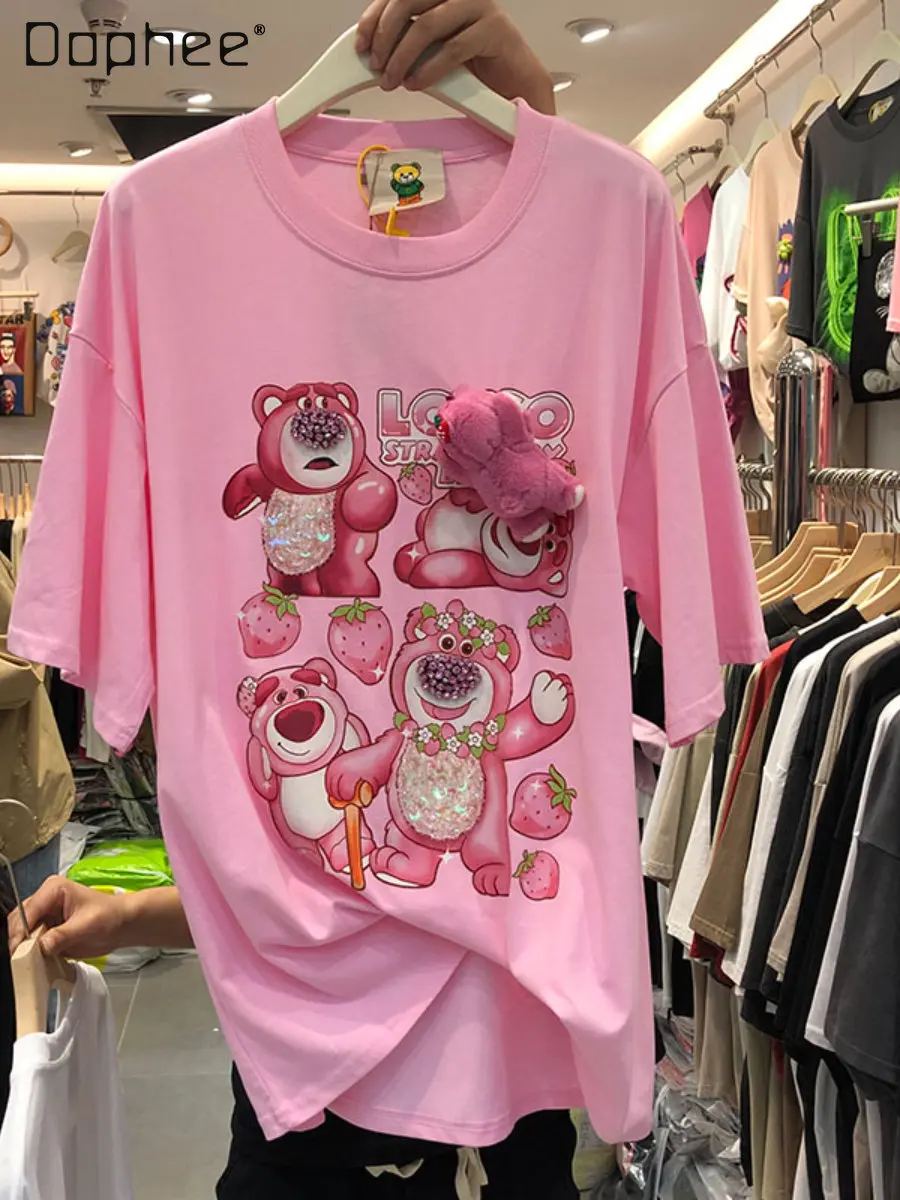 

Three-Dimensional Decoration Mid-Length round Neck Loose Cartoon Printed T-shirt Women's 2023 Summer Short Sleeve Pullover Top